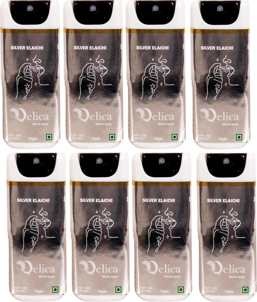 QELICA Mens and Womens Silver Elaichi Instant Mouth Freshner Spray | Longlasting Freshness, Gumand Tooth Protection |Multi | 10 G (Pack of 8)