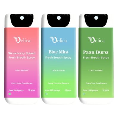 QELICA Mens and Womens Strawberry Splash, Paan Brust, Blue Mint Instant Mouth Freshner Spray | Longlasting Freshness, Gumand Tooth Protection |Multi | 10 G (Pack of 3)
