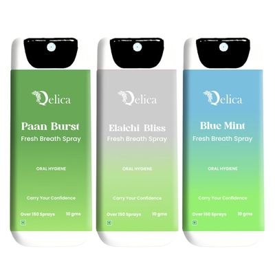 QELICA Mens and Womens Paan Brust, Blue Mint, Elaichi Bliss Instant Mouth Freshner Spray | Longlasting Freshness, Gumand Tooth Protection |Multi | 10 G (Pack of 3)
