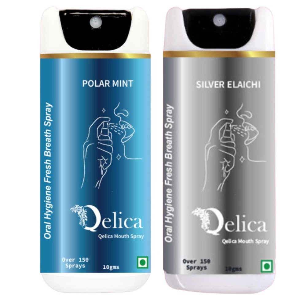 QELICA Love Special Men & Women Polar Mint & Silver Elachi Instant Mouth Freshner Spray | Longlasting Freshness, Gumand Tooth Protection |Multi | 10 G (Pack of 2)