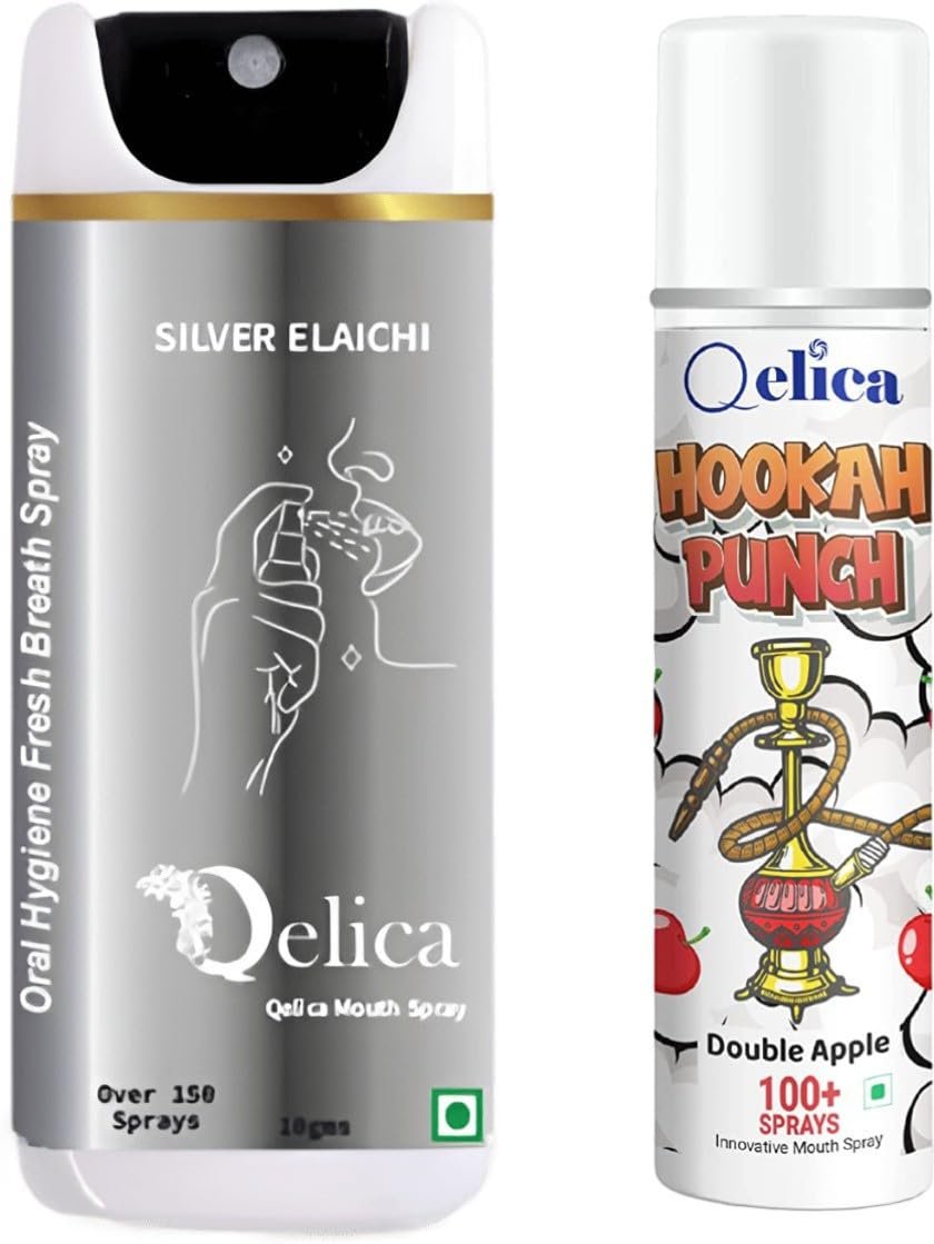 QELICA Mens and Womens Silver Elachi & Double Apple Instant Mouth Freshner Spray | Longlasting Freshness, Gumand Tooth Protection |Multi | 10 G (Pack of 2)
