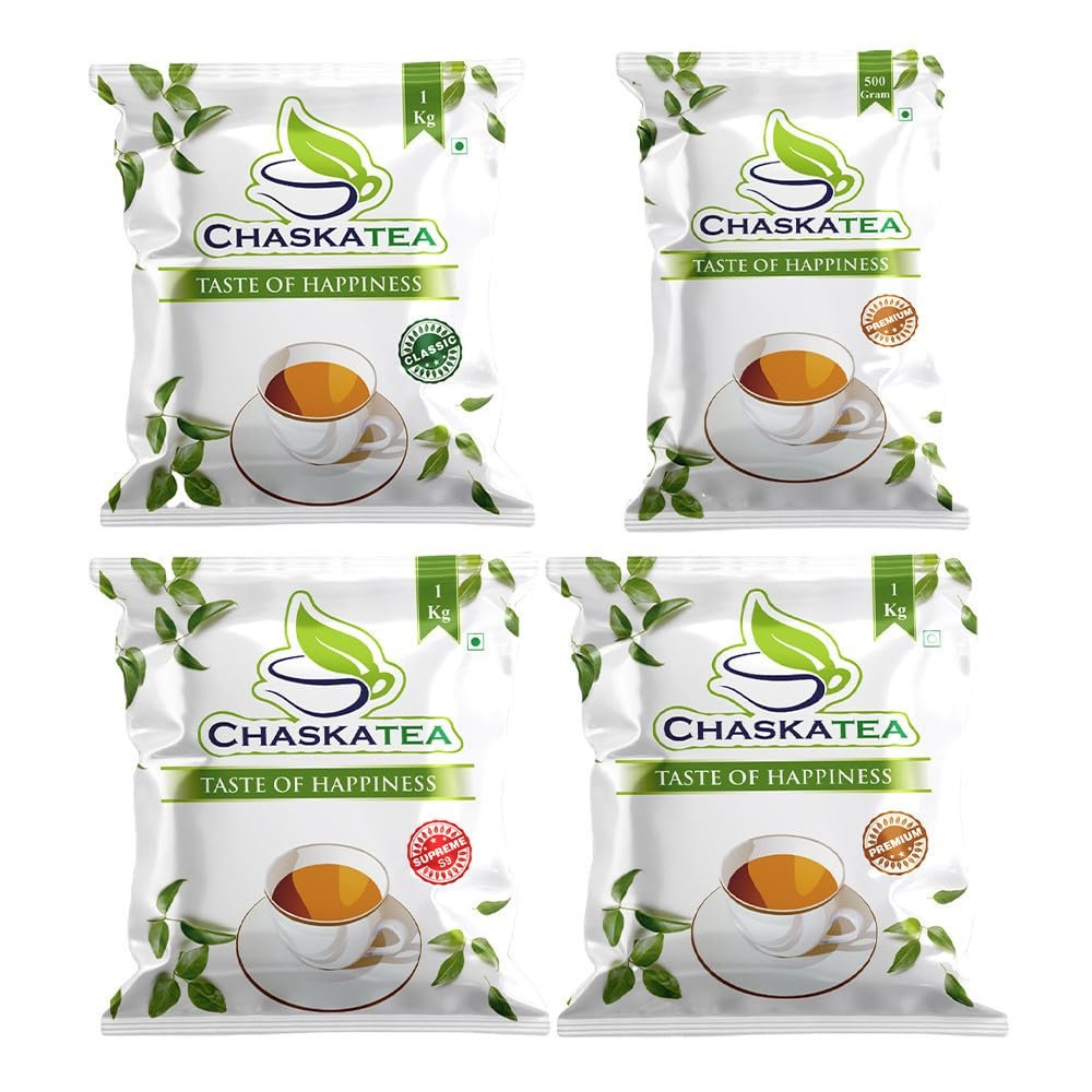 Assam Chai Collection CHASKATEA Premium Natural (1kg)+Classic (1kg)+Supreme S8 Dust (1kg)+Premium Masala (500g) Handpicked Crafted for Chai Lovers with Authentic Traditional Taste [Combo Pack of 4]