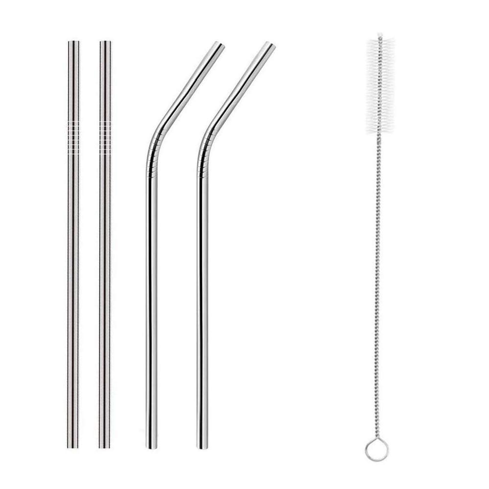 Caltero Stainless Steel Straws with Cleaning Brush for Kids & Adults | Bent Reusable Metal Straws (Pack of 2 Straight & 2 Bent Reusable Metal Straws, Silver)