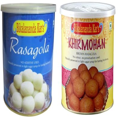 Bikalananda Kar's Oriya Sweets/Combo, White Rasagolla and Brown Rasagolla(Khirmohan)/ Salepur Rasogollas Each 500 G (PACK OF 2)=1 Kg TIN Packed/Shelf Life 6 Months