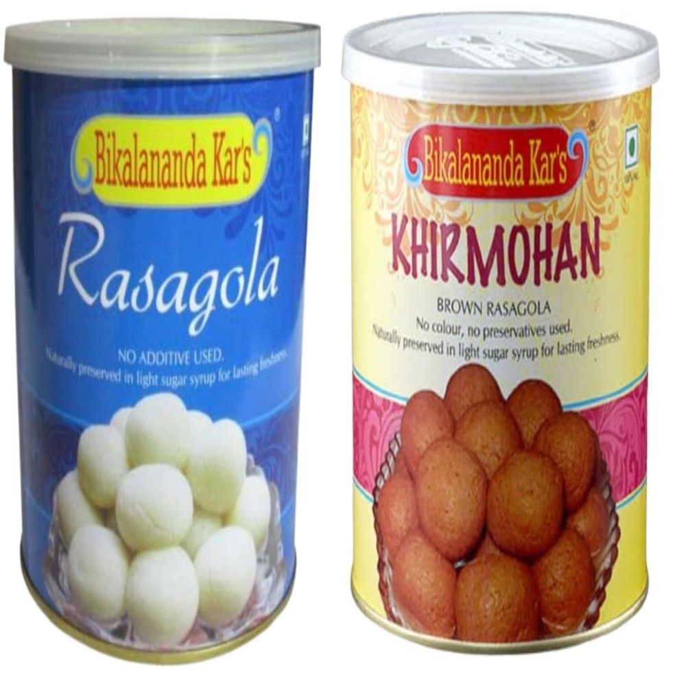 Bikalananda Kar's Oriya Sweets/Combo, White Rasagolla and Brown Rasagolla(Khirmohan)/ Salepur Rasogollas Each 500 G (PACK OF 2)=1 Kg TIN Packed/Shelf Life 6 Months