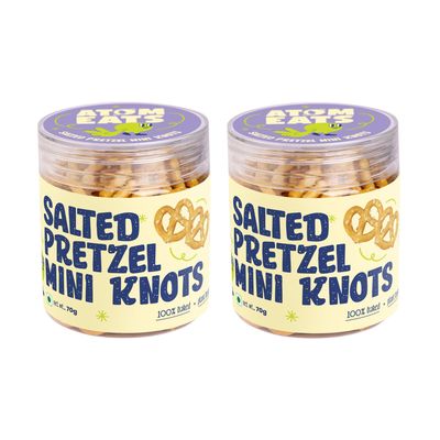 Atom Eats | Salted Mini Pretzel Knots in Jar - (Pack of 2) 70g Each | 100% Baked | Savory Snacks, Crunchy Namkeen | Perfect for Snack Box, Parties, On-the-Go - Versatile Food Items - Great for Dipping, Solo Snacking