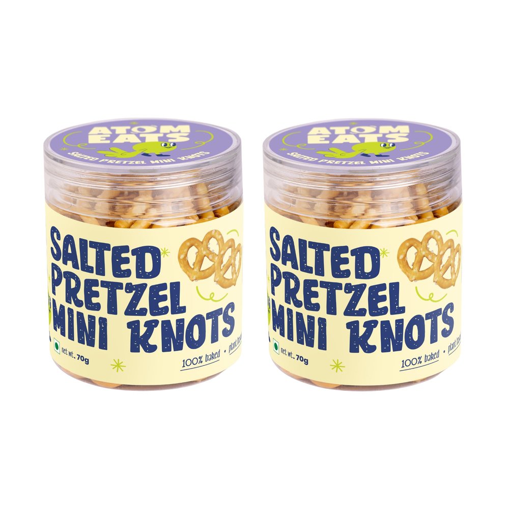 Atom Eats | Salted Mini Pretzel Knots in Jar - (Pack of 2) 70g Each | 100% Baked | Savory Snacks, Crunchy Namkeen | Perfect for Snack Box, Parties, On-the-Go - Versatile Food Items - Great for Dipping, Solo Snacking