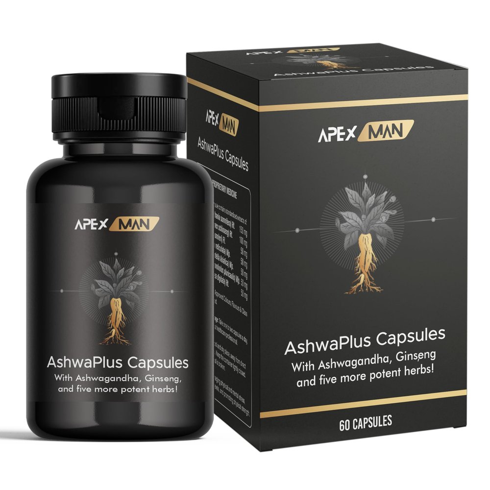 Apex Man AshwaPlus Capsules (500 mg) | Ashwagandha Extract Capsules with Ginseng and Five More Potent Herbs | Advanced Ashwagandha Capsule Formulation for Men to Manage Physical and Mental Stress