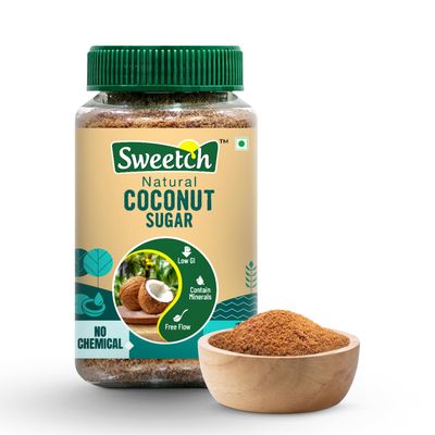 Sweetch Natural Coconut Sugar 350 gm Jar Natural Healthy Replacement for Sugar, Contain Minerals, Low GI, No Chemical & Free Flow | For Baking & Cooking (Pack of 1)