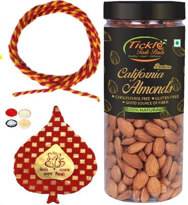 Bhai Dooj Gift for Brother - Badam Jar 200gms, Soft Thread, Designer Pack of Roli, Chawal, Chandan, Mishri for Bhaiya Tikka & Personal Message