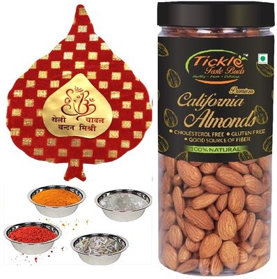 Bhai Dooj Tikka Gift for Brother - Badam Jar 200gms, Special Pack of Roli, Chawal, Chandan, Mishri for Bhaiya & Personal Message