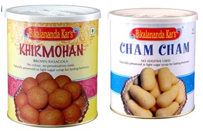 Bikalananda Kar's Oriya Sweets/Combo, Khiramohana and Cham Cham/Salepur Rasogollas Each 500 G (PACK OF 2) TIN Packed/Shelf Life 6 Months