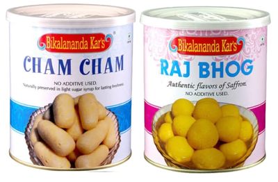 Bikalananda Kar's Oriya Sweets/Combo, Cham Cham and Raj bhog/Salepur Rasogollas Each 500 G (PACK OF 2) TIN Packed/Shelf Life 6 Months
