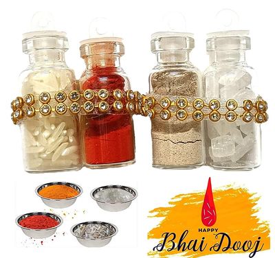 Bhai Dooj Tikka for Brother- Designer Glass Pack of Roli, Rice Chawal, Chandan Mishri for Sweet Bhaiya & Personal Message (With Chandan Mishri)