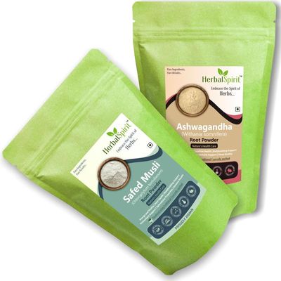 Herbal Spirit Safed Musli Powder & Ashwagandha Powder Organic | Ashwagandha Churna & Safed Musli Root Powder | Ashwagandha Root & Musli Powder | Ashwaganda & Swet Musli Churna | 100gm each (Pack of 2)