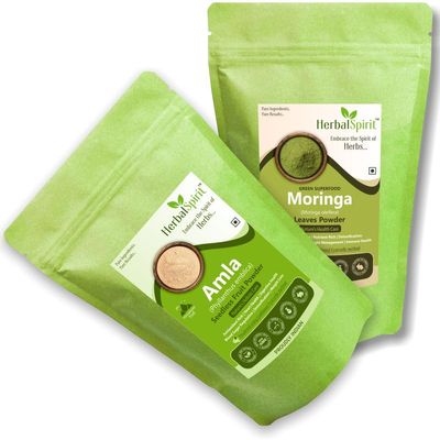 Herbal Spirit Moringa Powder Organic & Amla Powder for Eating | Organic Moringa Powder & Amla Powder for Drinking | Drumstick or Moringa Leaves Powder & Gooseberry Powder | 100gm each (Pack of 2)