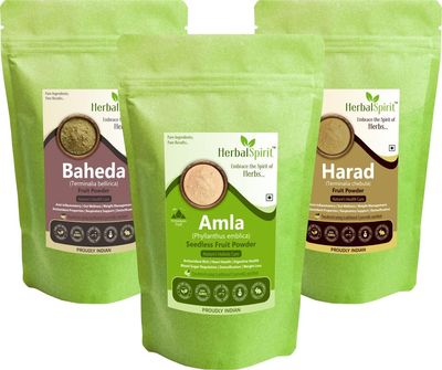 Herbal Spirit Harad Powder Organic, Baheda Powder And Amla Powder for Eating | Baheda Churna, Amla Powder for Drinking & Kadukkai Powder for Face | Triphala Churna Powder | 100gm each (Pack 3)