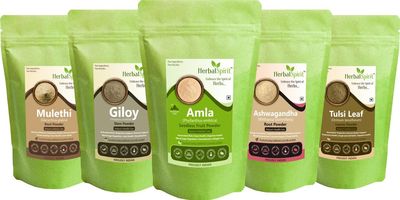 Herbal Spirit Ashwagandha Powder Organic, Amla Powder for Eating, Edible Mulethi Powder for Eating with Giloy Powder Organic and Tulsi Powder | 100gm each (Pack of 5)