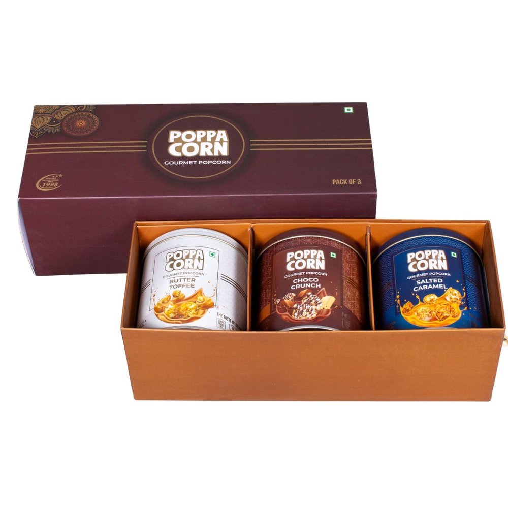 POPPACORN Gourmet Popcorn Gift Pack, Tin (410g, Brown 3 Pack)