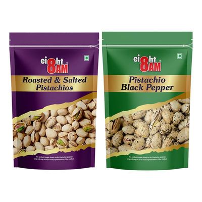 8AM Pistachios Combo Pack of 2, 200g Each (Roasted Pistachios, Black Pepper Pistachios), Fiber & Protein Rich Healthy Dry Fruits, Diwali Gift Box