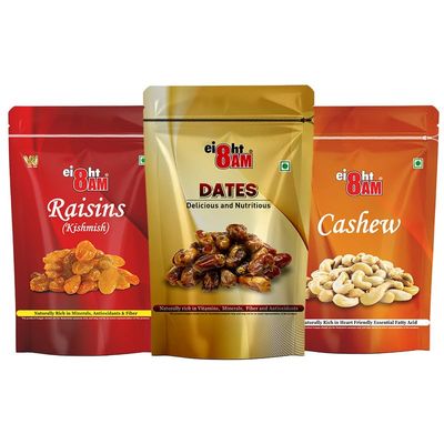 8AM Dry Fruits Combo Pack of 3, 480g Each (Cashew, Dates, Raisin), Fiber & Protein Rich Healthy Mix Dry Fruits, Diwali Gift Box