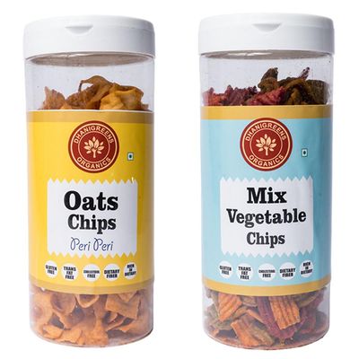 Dhanigreens Organics Crunchy Chips 300gm (Oats Peri Peri Flavour 150g + Mix Vegetable Flavor 150g), Natural Ingredients Snacks, Gluten-Free, Cholesterol Free, High in Dietary Fiber (Combo of 2)