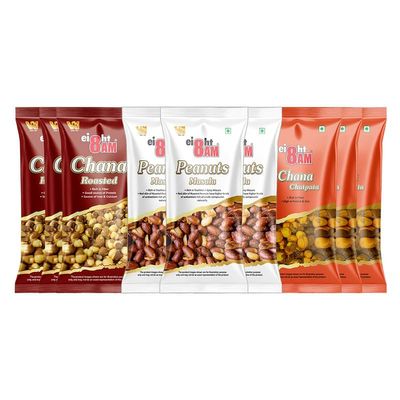 8AM Healthy Snack & Namkeen Combo Pouch, Pack of 9, (Roasted Chana 40g x 3, Chana Chatpata 40g x 3, Peanut Masala 50g x 3), Fiber & Protein Rich Mix Snacks