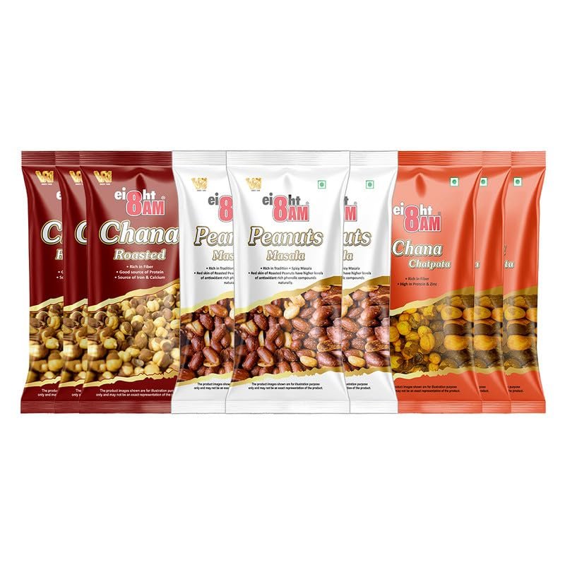 8AM Healthy Snack & Namkeen Combo Pouch, Pack of 9, (Roasted Chana 40g x 3, Chana Chatpata 40g x 3, Peanut Masala 50g x 3), Fiber & Protein Rich Mix Snacks