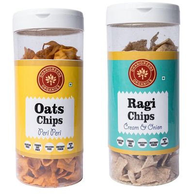 Dhanigreens Organics Crunchy Chips 300gm (Ragi Cream & Onion Flavour 150g + Oats Peri Peri Flavor 150g), Natural Ingredients Snacks, Gluten-Free, Cholesterol Free, High in Dietary Fiber (Combo of 2)