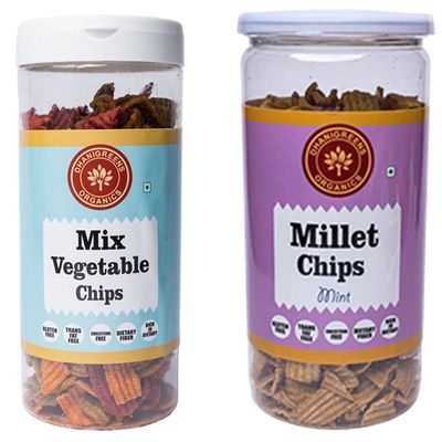Dhanigreens Organics Crunchy Chips 300gm (Mix Vegetable Flavour 150g + Millet Mint Flavor 150g), Natural Ingredients Snacks, Gluten-Free, Cholesterol Free, High in Dietary Fiber (Combo of 2)