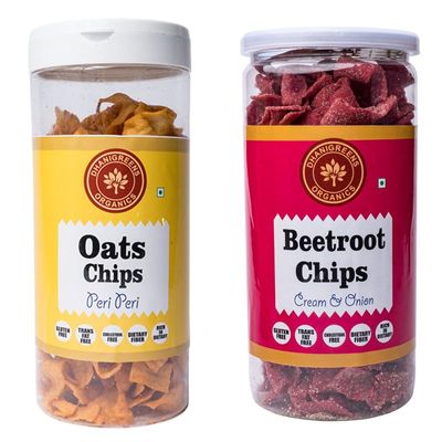 Dhanigreens Organics Crunchy Chips 300gm (Oats Peri Peri Flavour 150g + Beetroot Cream & Onion Flavor 150g), Natural Ingredients Snacks, Gluten-Free, Cholesterol Free, High in Dietary Fiber (Combo of 2)