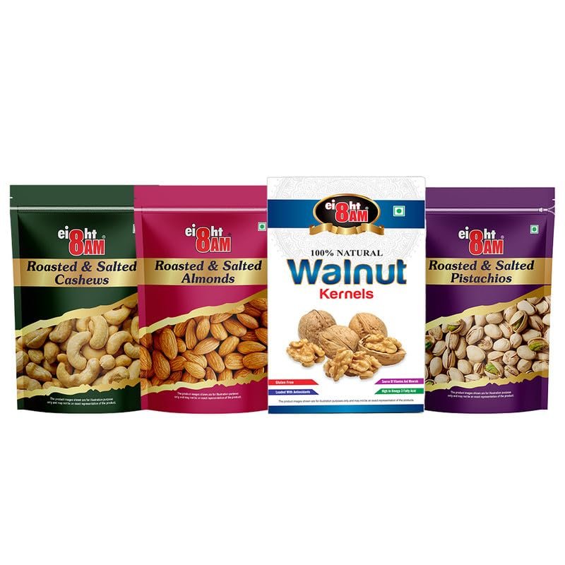 8AM Dry Fruits Combo Pack of 4, Almond 200g, Cashew 200g, Pistachios 200g, Walnut 250g, Fiber & Protein Rich Healthy Mix Dry Fruits, Diwali Gift Box