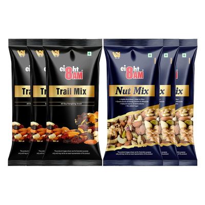 8AM Nuts & Dry Fruits Combo Pouch, Pack of 6, (Trail mix 35g x 3, Nut mix 35g x 3), Fiber & Protein Rich Healthy Mix Dry Fruits, Diwali Gift Pouch