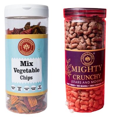 Dhanigreens Organics Crunchy Chips 300gm (Mix Vegetable Flavour 150g + Mighty Choco Star & Moon Ragi Flavor 150g) Healthy Snacks, Gluten-Free, Cholesterol Free, High in Dietary Fiber (Combo of 2)