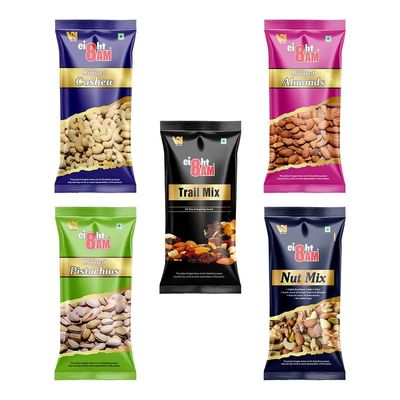 8AM Dry Fruits Combo Pouch, Pack of 5, (Almond 40g, Cashew 40g, Pistachio 30g, Trail Mix 35g, Nut Mix 35g), Fiber & Protein Rich Healthy Mix Dry Fruits, Diwali Gift Pouch