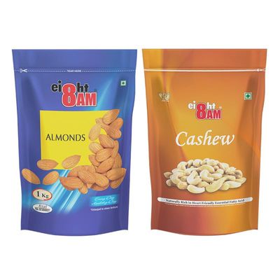 8AM Healthy Dry Fruits Combo Pack of 2 (Almond 1kg + Cashew 980g), Fiber & Protein Rich Mix Dry Fruits, Diwali Gift Box