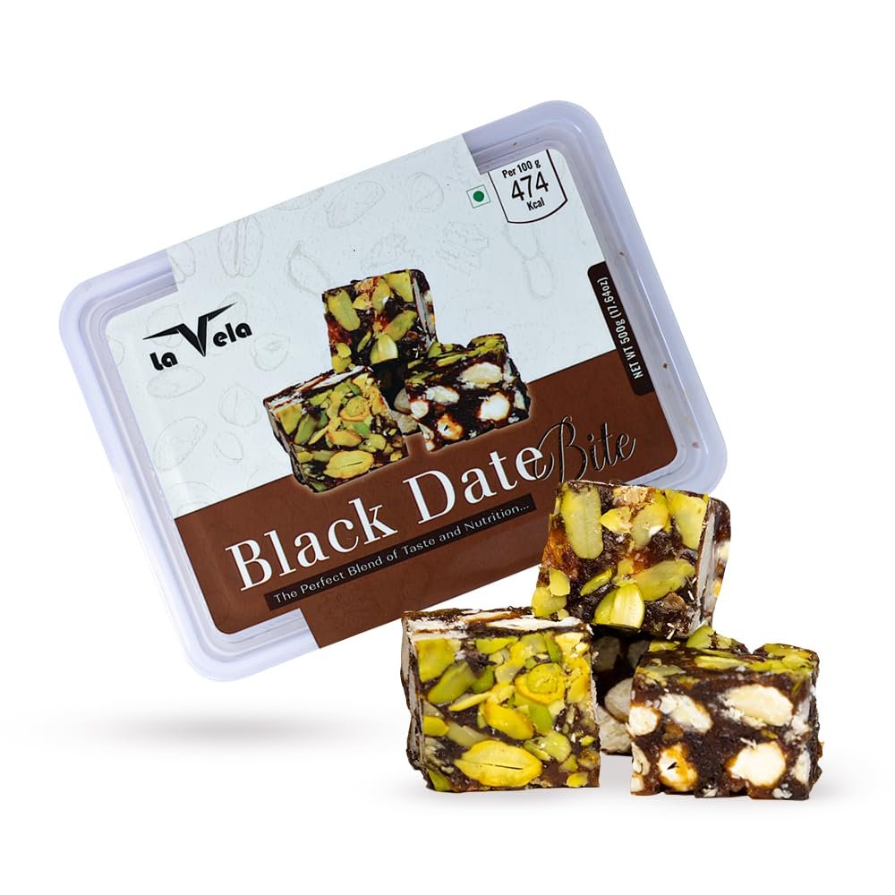 Black Dates Bites Dry Fruits Barfi 500g | Mazafati Black Dates Bites Chikki | Premium Blend of Almonds, Cashews, Pistachios & Pure Ghee | Healthy Sweets Indian Mithai