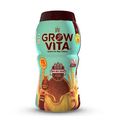 Grow Vita Growth Ka Naya Formula Nutritious Ragi Malt Milk Food Drink with Essential Vitamins & Minerals | FibreRich Energy Drink for Children & Adults | Made in India (500g)