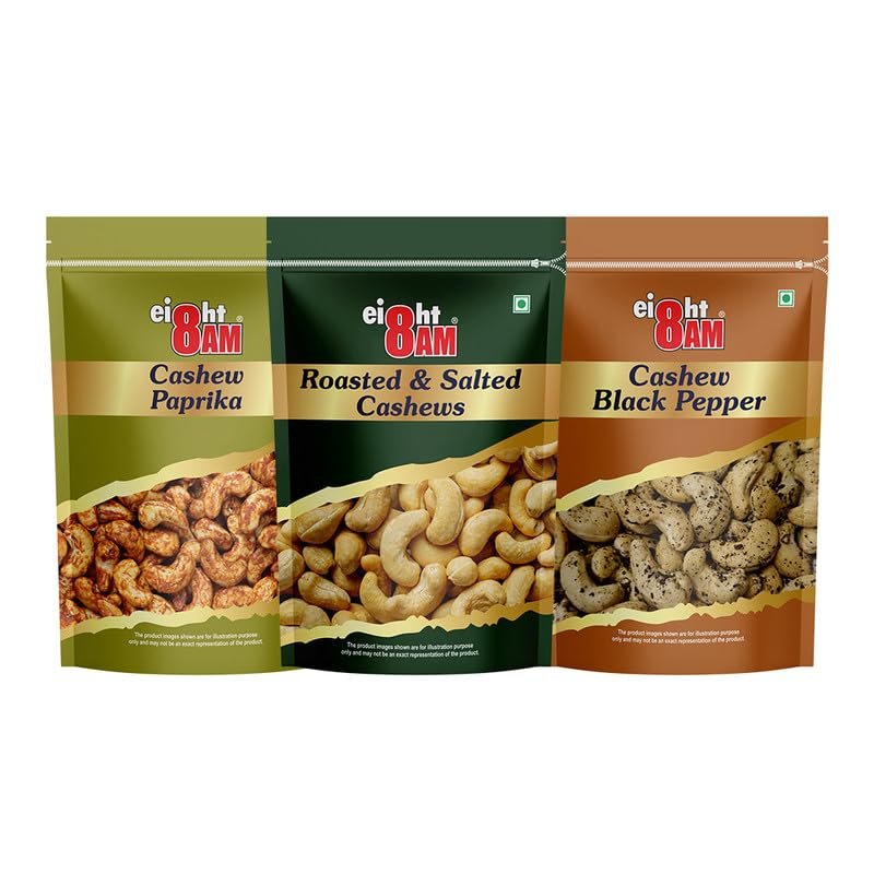 8AM Cashew Combo Pack of 3, 200g Each (Roasted Cashew, Paprika Cashew, Cashew Black Pepper), Fiber & Protein Rich Healthy Dry Fruits, Diwali Gift Box