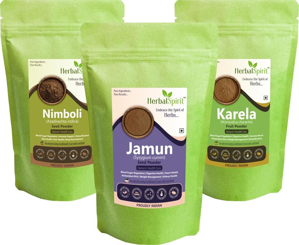 Herbal Spirit Karela Powder, Jamun Seed Powder and Nimboli powder | Bitter Gourd Powder, Jamun Powder and Neem seed powder | 100gm each