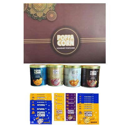 POPPACORN Gourmet Snack Gift Hamper  Salted Caramel, Nutty Choco Delight, Butter Toffee & Choco Crunch Tin | Microwave & Instant Variety Pack (40 Units)