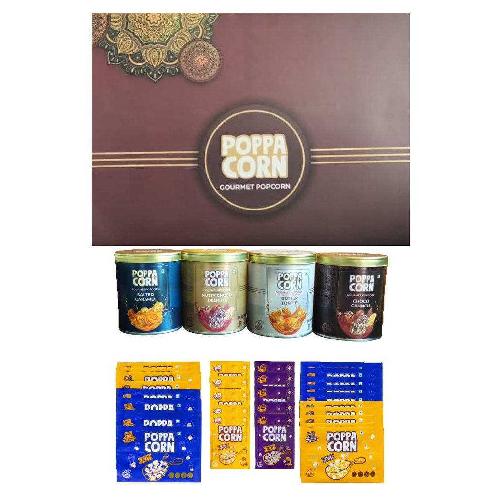 POPPACORN Gourmet Snack Gift Hamper  Salted Caramel, Nutty Choco Delight, Butter Toffee & Choco Crunch Tin | Microwave & Instant Variety Pack (40 Units)