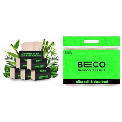 Beco Bamboo Soft Facial Tissue Papers- 100 Pulls (Pack of 6), 600 Pulls - 2 ply,100% Natural and Eco
