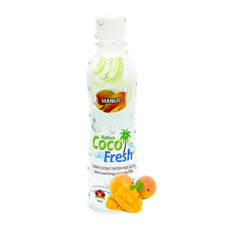 Madhura Coco Fresh Tender Coconut Water Fruit Blend, Mango, 200 ml Combo Pack of 6 bottles, each bottle having a different fruit pulp blend with Tender Coconut Water