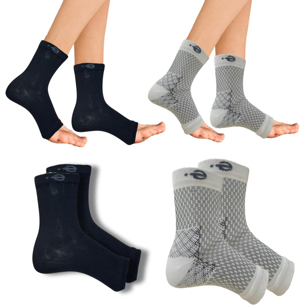 Compression Socks | Bamboo Cotton Open Toe | Women & Men | Plantar Fasciitis Socks for Neuropathy |Plantar Fasciitis Relief | Arch Support | Ankle & Foot Swelling | Black, Speckled White | Pack of 2