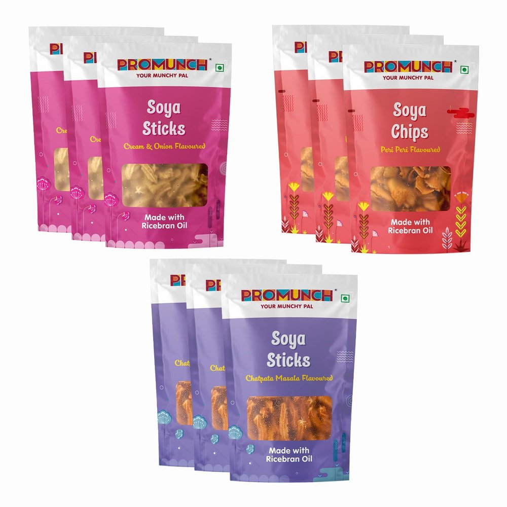 PROMUNCH Soya Sticks (Chatpata Masala, Cream onion) | Soya Chips (Peri Peri) | Crispy snacks | Namkeen savoury chips | No Palm Oil And Maida | - 30g (Pack of 9)
