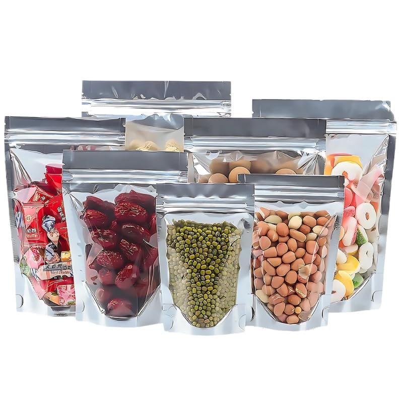 VELEXE Aluminum Foil, Pet Silver & Transparent Zip Lock Storage Stand Up Pouches | Sample Kit | Piece of Each Size | 50 Grams | 150 Grams | 400 Grams | 750 Grams | 500 Grams | 1 KG