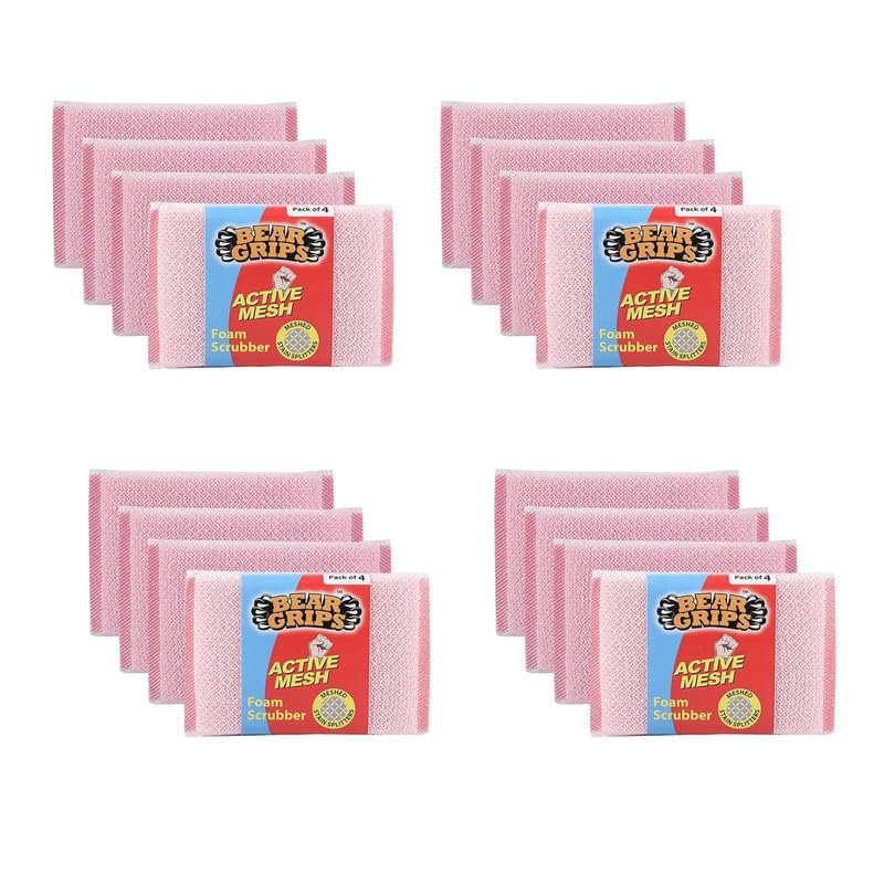 BEAR GRIPS Active mesh Scrub - Foam/Sponge Scratch Proof Scrubber with with Stain Splitter net for All Utensils Type Dish Washing and Heavy and Oily Stains Cleaning - Pack of 16