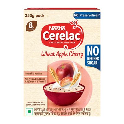 CERELAC Baby Food Cereal | No Refined Sugar | No Preservatives | Wheat Apple Cherry for 8 to 24 Months Baby | Omega 3 Iron Protein Calcium Vitamin D for Babies | Instant Cereal | 350g