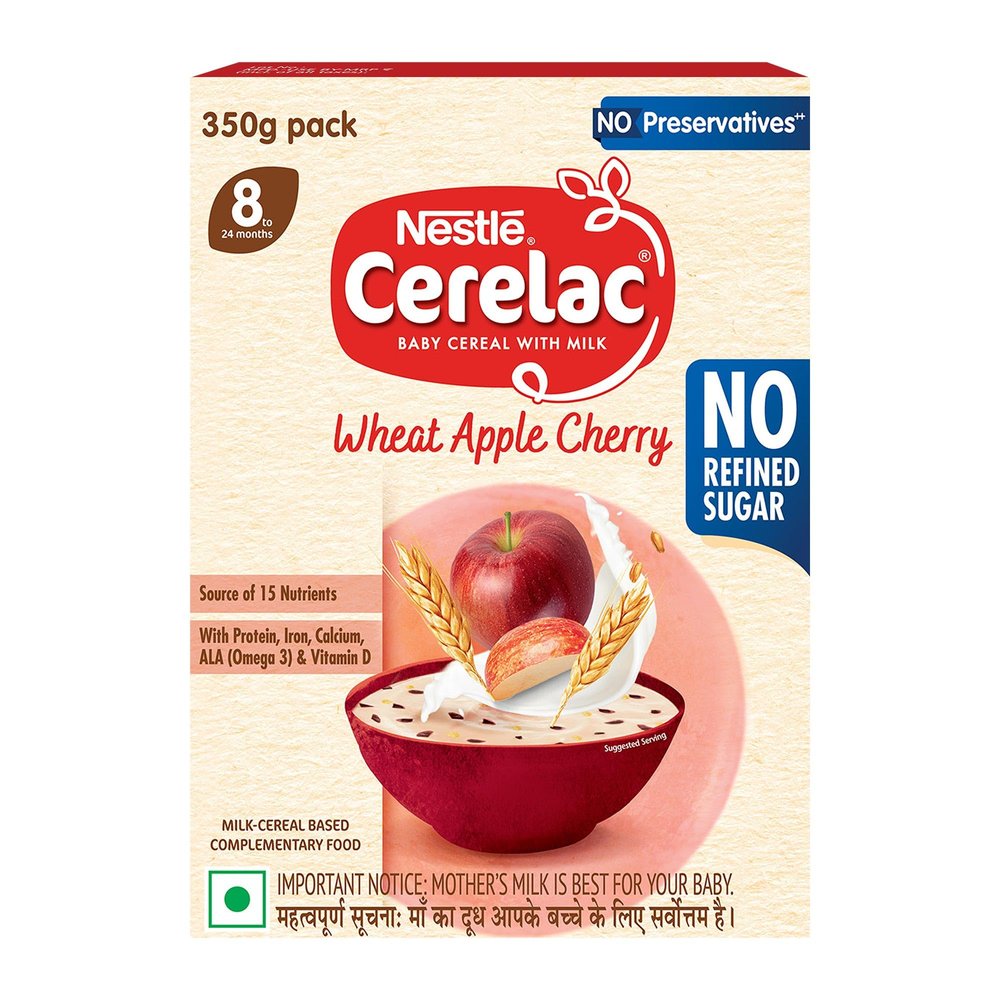 CERELAC Baby Food Cereal | No Refined Sugar | No Preservatives | Wheat Apple Cherry for 8 to 24 Months Baby | Omega 3 Iron Protein Calcium Vitamin D for Babies | Instant Cereal | 350g